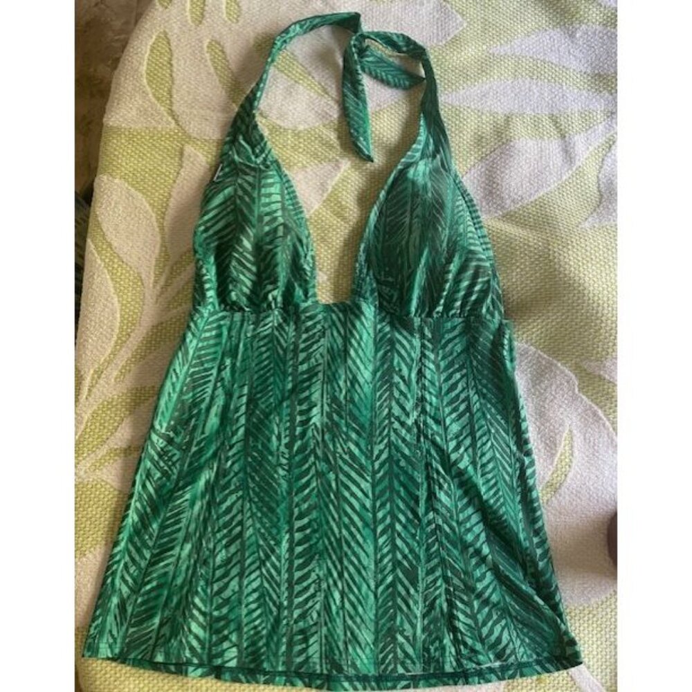Lole Emerald Green Leaf-Print Halter One-Piece Swimdress